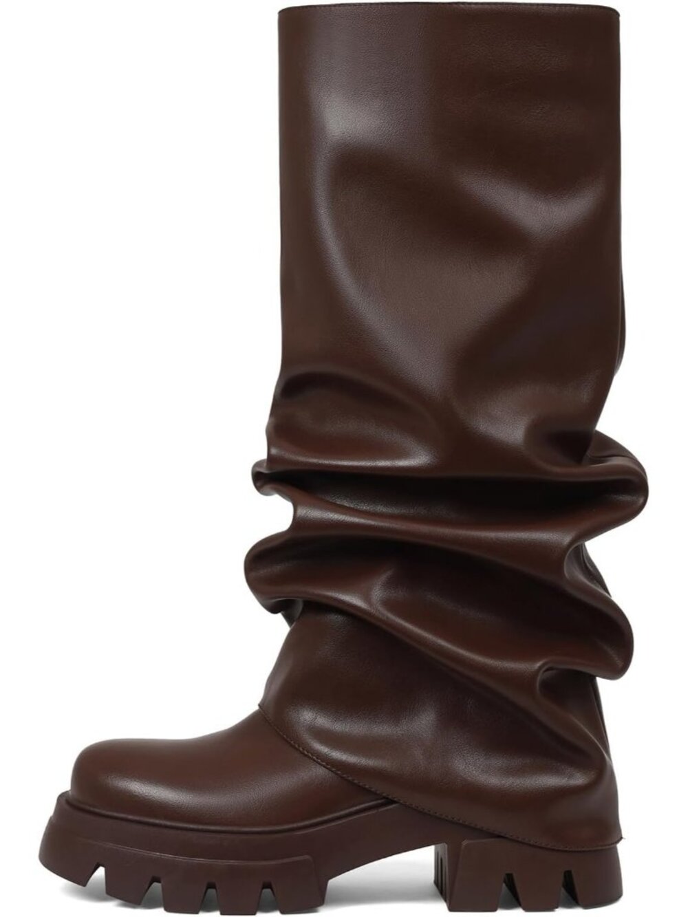 Women's Brown Fold Over Boots Slouchy Boots Wide Calf Pleated Platform Boots